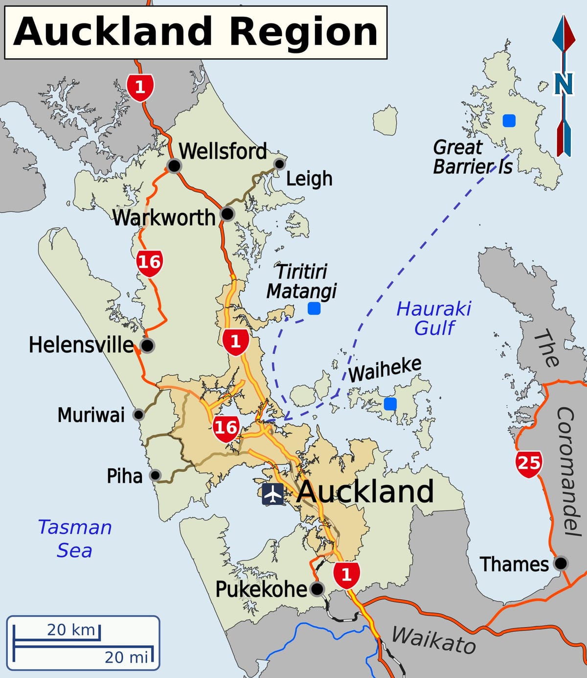 mapa de la región de Auckland